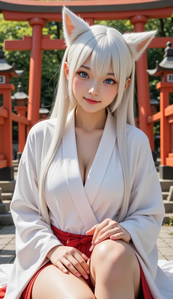 Japanese Shrines、Shrine maiden、White underwear、White Hair、Long Hair、Shrine maidenの髪飾り、18 years old、woman、whole body、Evil Smiley Face,  Red eyes, Iris, Pupil orange
