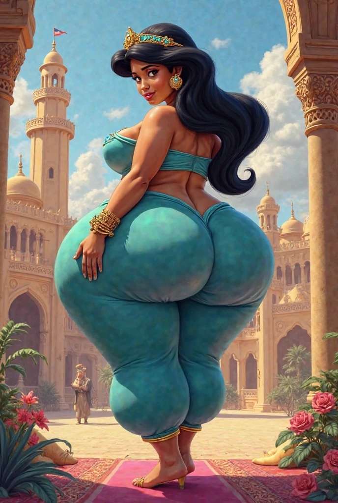 Iranian woman, aged 45, chubby, toned midriff, big butt, thick thighs, enormous saggy bust staying close to her body, dressed in translucent veils and golden chains with bells. Barefoot. She is looking back over her shoulder seductively. She is on a busy sidewalk.