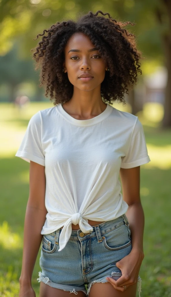 beautiful brazilian woman, curly hair, standing straight facing forward,with white t-shirt, ripped denim jeans pants, on a greyish background, cotton t-shirt texture, fitted t-shirt, round neck, striped tights. Medium camera shot.