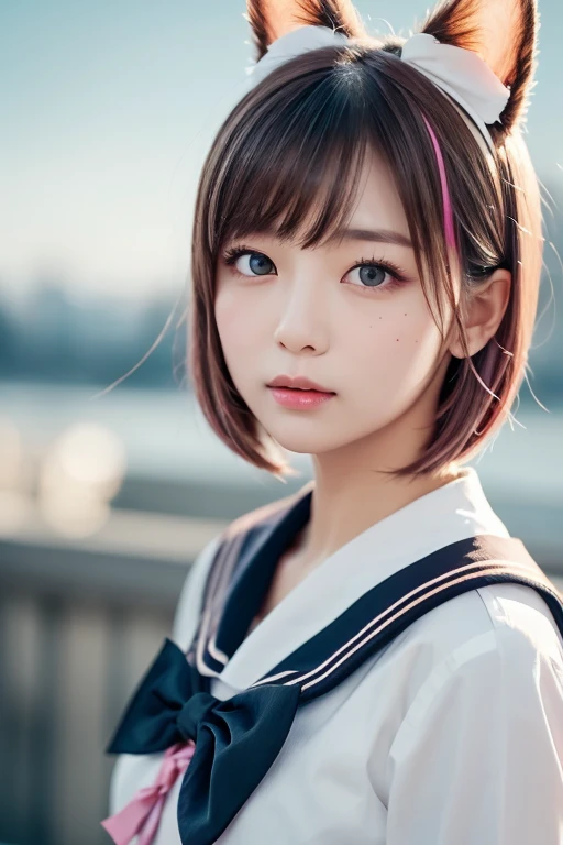 masterpiece, 4k, Bokeh, beautiful face, (multiple girls:1.4), Harem, group photo, Cat ear, medium bob hair, (Pink school uniform:1.4), graduation, looking at the viewer, cherry blossoms street , Cowboy shot, sundown,