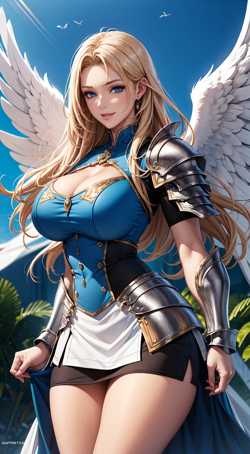 (((huge muscular valkyrie))), ((very big bust,Z-cup)),(Background with,blue-sky),(((the angel's wings)))(outfits,Gold Dress 1.1)