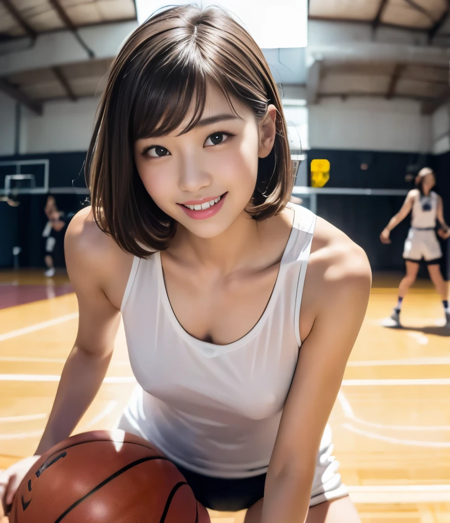(basketball uniform)、かわいいsmile、(((Gymで、inside a basketball court)))、train、short hair、light brown hair、brown hair、round face、(high resolution)自然なsmile、( crotch gap 、 Thighs)upper body、smile、 basketball court with spectators、Gym、(small breasts、Flat chest、Big Erected Nipples)、a lot of people々々、(Shots during the match:1.6、dribble:1.6、jump)、Professional camera 、cute face、 shiny skin、Almond Eye、(photorealistic:1.6)