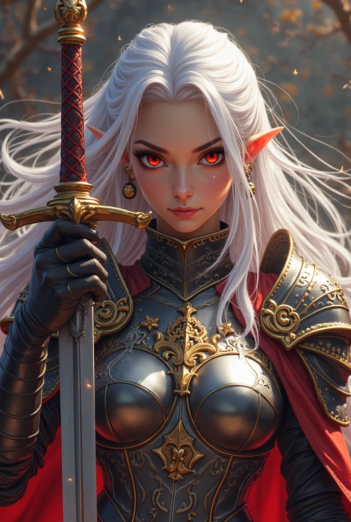 A dark elf villainess warrior clad in shining armor stands with her ...