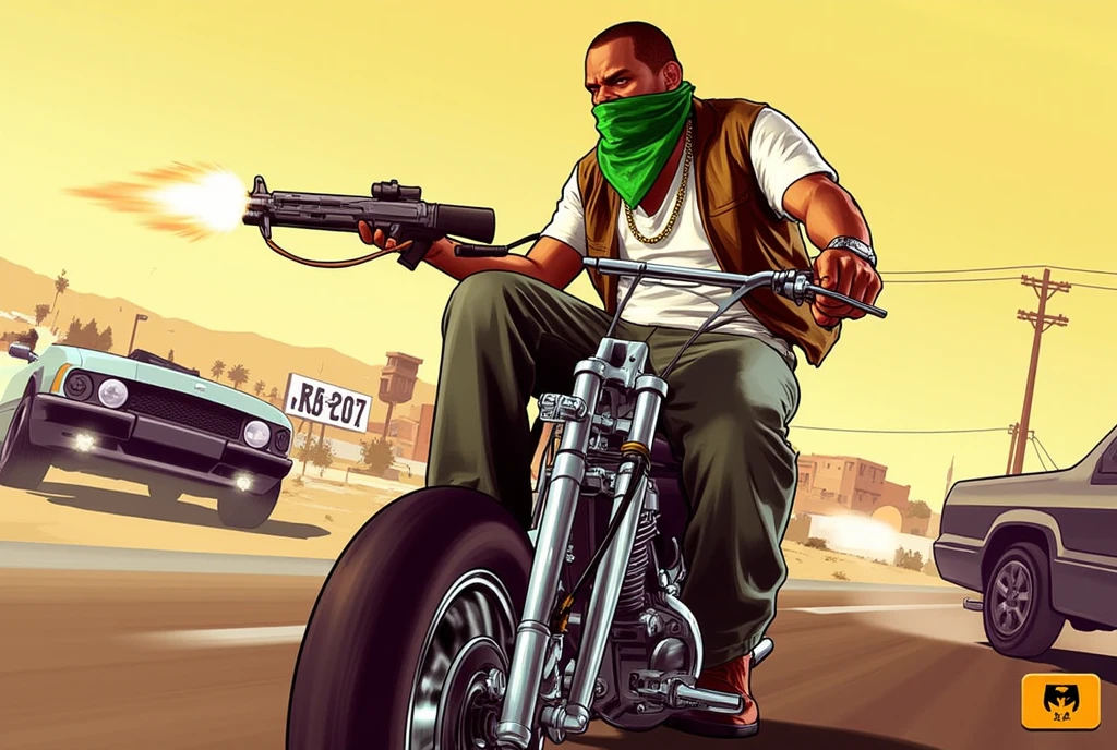 Grand Theft Auto V poster, "Grand Theft Auto V" title logo, a black man from the Grove Street gang family wearing a green bandana to cover his mouth, he rides on a bike while holding a gun, gun shot, Los Santos street setting, wall graffiti, cel shader rendering, toon shader rendering, (masterpiece, best quality:1.2),