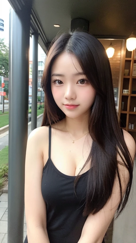16 years Old young woman, sleeveless shirt, cleavage, beauty face, Cute face, thin, long Sleek Straight hair style, medium breast, sad