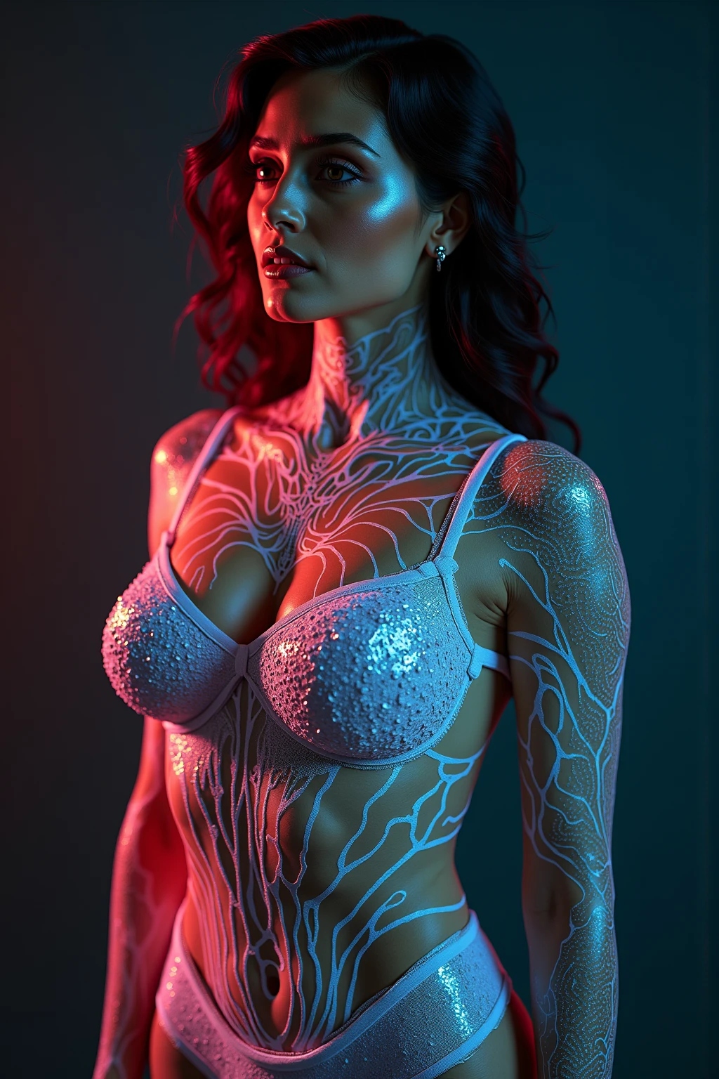 ultra-detailed artistic abstract beautiful indigenous woman with long black hair, magic with bioluminescent filigree, geometric photography, 32k fashion abstract poster, detailed symmetrical blue iris, natural body posture by artist russ mills, art by alberto seveso, by Carne Griffiths, by Wadim Kashin, symmetrical, abstract art style, sharp eyes, digital painting, burst of color, concept art , volumetric lighting, by GIlSam-paio octane rendering depicting innovation and truth, 8k, by Lee Jeffries, Alessio Albi, Adrian Kuipers, glamour, intricate detailed environment, lace, smudges , dark background, masterpiece, ornate, depth - studio Gs perfecty.