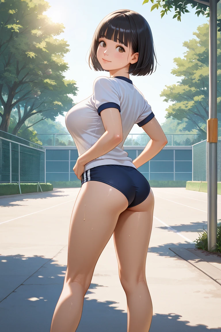 1girll, 独奏, White polo shirt, White sneakers, tennis wear, white mini-skirt, tmasterpiece, Best quality at best, realisticlying, ultra - detailed, (shiny skins, perspired:1.4), absurderes, looking at viewert, with short black hair, with brown eye,Slender,Dynamic light and shadow,A high resolution,Sharp focus,depth of fields,The eyes are delicate,Sharp pupils,pupil realistic,(Rounded chest),(Long legs:1.0),exteriors,Skysky,black pantyhoses,cleanness,stocklings,blackstockings,cropped shoulders,Toes
