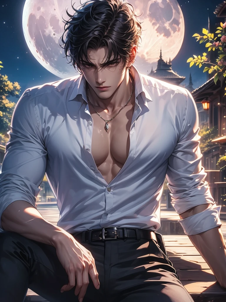 masterpiece, best quality, highres, 1boy,black crew cut, blindfold, bdsm, harness, male_focus, navel, nipples, o-ring, realistic, solo, ,Muscular Frame, looking at the viewer, cherry tree, night,full moon, tattoos, ear ring, chastity belt,