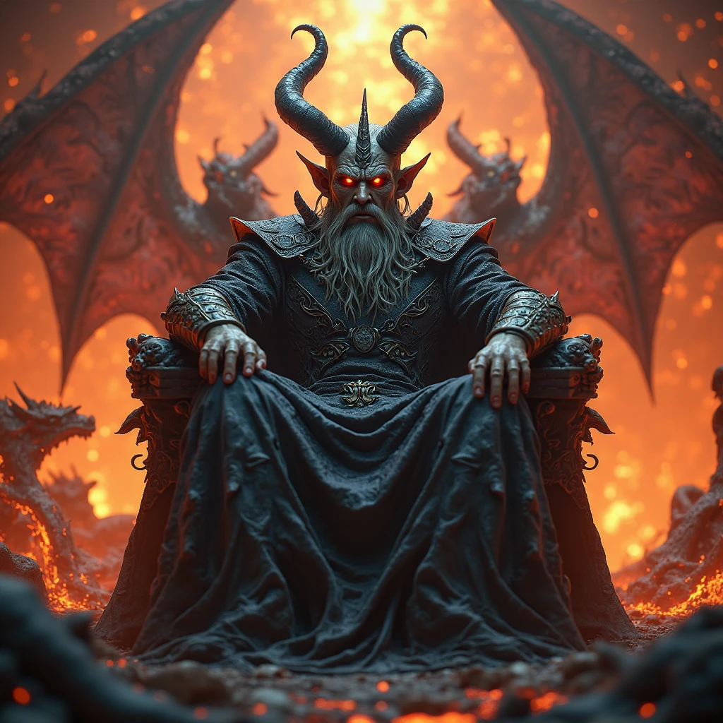 kerokeyart,
A scene from hell, with an old and majestic king sitting on a stone throne, surrounded by demons,
Best quality and rich in detail <lora:kerokeyart :1>