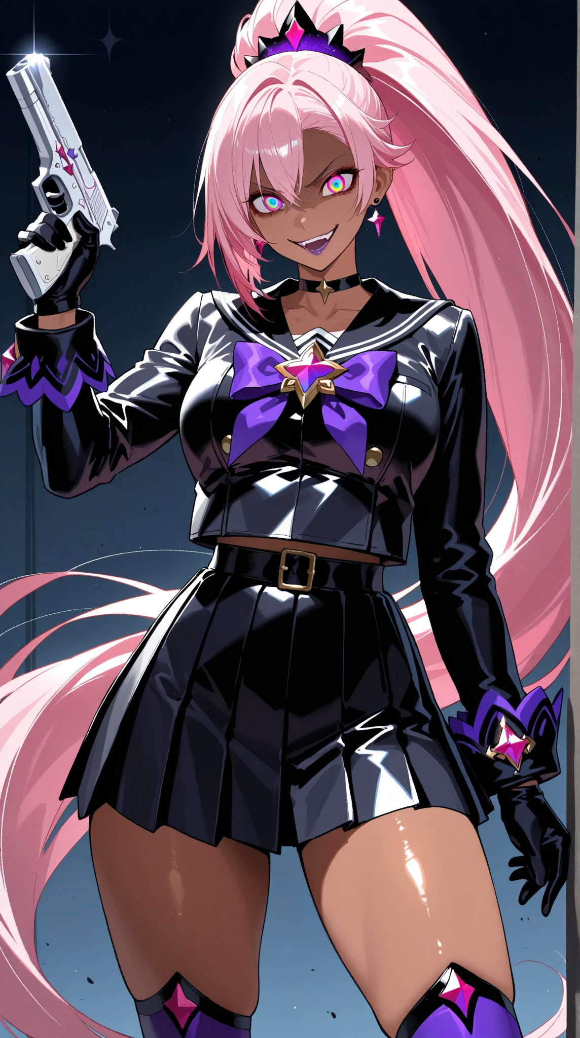 <lora:junko-enoshima-lora-3-10:1>, junko enoshima, blonde long hair, 1girl, twintails, solo, blue eyes, large breasts, bangs, bear hair ornament, shiny, shiny hair, high contrast, vibrant colors, looking at viewer, hands behind back, pink background, <lora:CORRUPTIONV2.1:0.5>, evil grin,