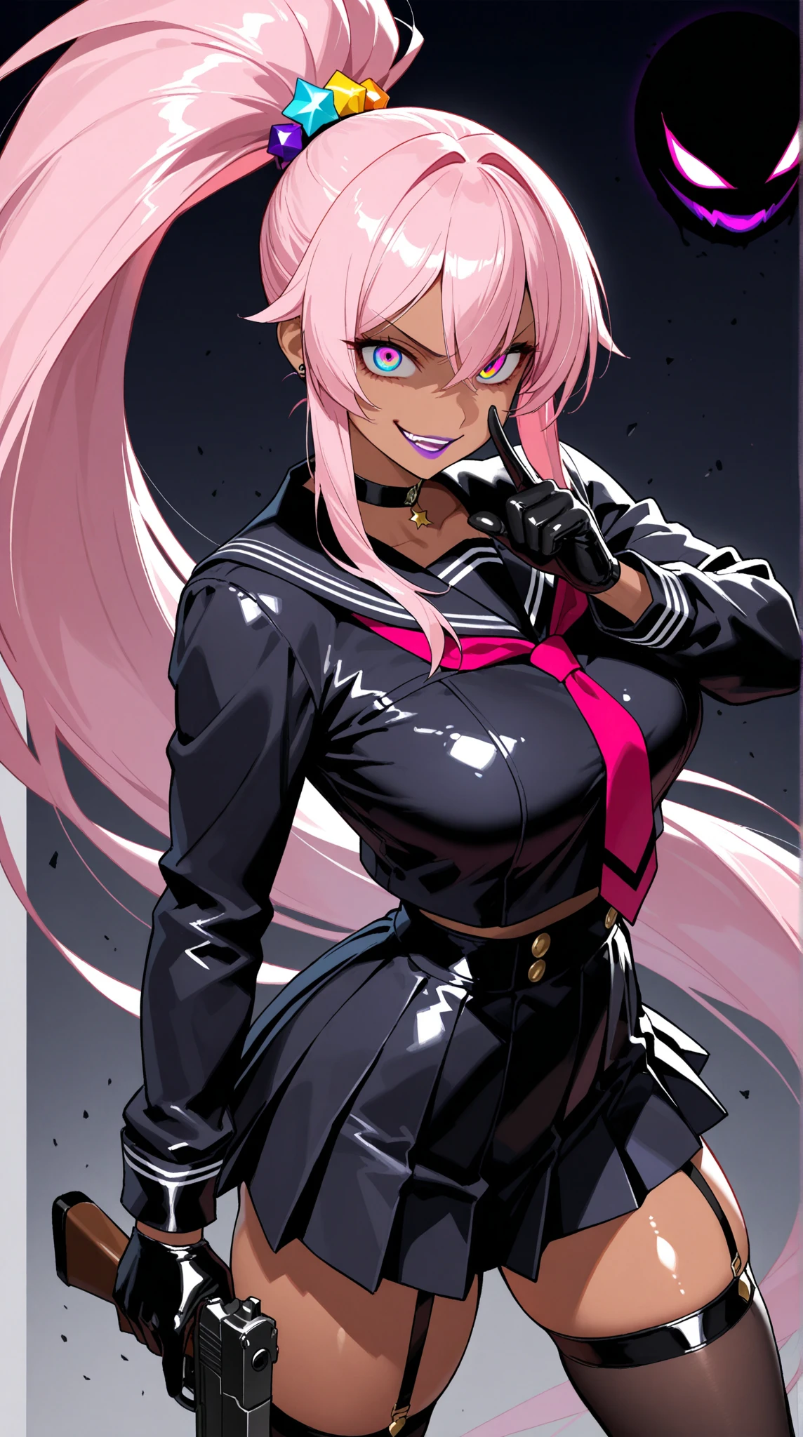 BDSM、Queen、mistress、(((One girl)))、solo、(((Long gloves covered to the fingertips in black latex:1.4 )))、(((Black latex short kimono:1.4)))、Sleeveless kimono、(((The kimono is decorated with beautiful lace.)))、(((Black Thigh Boots)))、(((Black fishnet stockings:1.2 )))、Stiletto heels、(((Black latex panties)))、(((Black latex bra)))、(((Black leather collar)))、(((Sexy pose:1.4 )))、Wide-open legs:1.2、(((Slim figure)))、Narrow waist、Are thin、Model Style、(((Erotic)))、(((Cowboy Shot)))、Place your hands on your hipasterpiece, highest quality, High resolution, One girl、Lacus Clyne、Blue Eyes、Pink long hair、ponytail、Wicked Smile:1.4、Cold Stare、blush:1.4