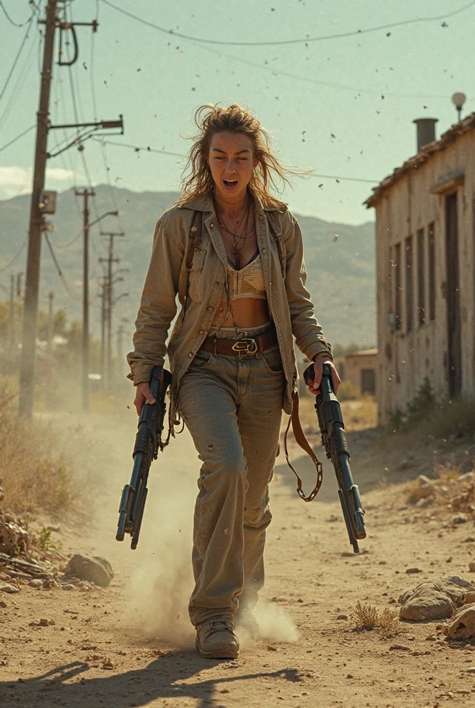 Bella Poarch stands as a resilient survivor amidst the chaos and despair by a relentless zombie apocalypse. Her determination and courage shine through, even in the face of unimaginable danger. Her piercing gaze reflects both fear and resilience as she navigates through the desolate landscape. Her eyes filled with a mix of vulnerability and determination reveal the depth of her character and the strength of her spirit. With her signature tattoos peeking out from her tattered and worn clothing She portrays a sense of individuality and uniqueness in the midst of the grim circumstances. Her style is a blend of practicality and personal expression. Carrying a makeshift weapon. Her hair hangs loosely windswept and unkempt. Insane background the remains of a crumbling