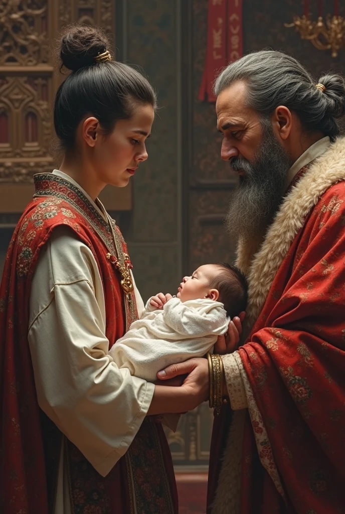 The trial of the two mothers who claimed the same baby, Solomon's time, medieval, cinematic lighting, profundidade de campo, bokeh, Realismo, fotorrealista, hyperRealismo, Fotografia profissional, Ultra HD, dslr, hdr