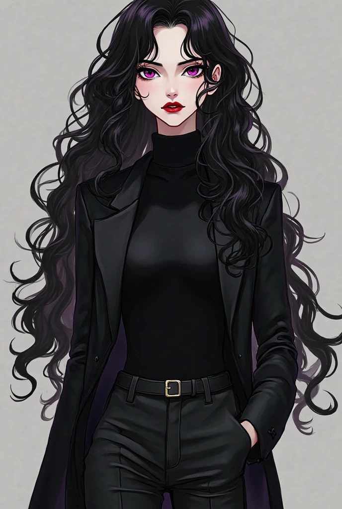 A long-haired half-elf animated female character, wavy and dark, black, with an asymmetrical hairstyle that partially covers one side of her face. His eyes are a deep green color. She is wearing a black outfit that includes a long, tight-fitting jacket., with long sleeves and shorts . The jacket has a belt tied at the waist., that fastens in the front.  Wear gloves and high boots, ambas black. The posture and facial expression suggest that she is ready for a battle or quick action.. She is tall and serious.