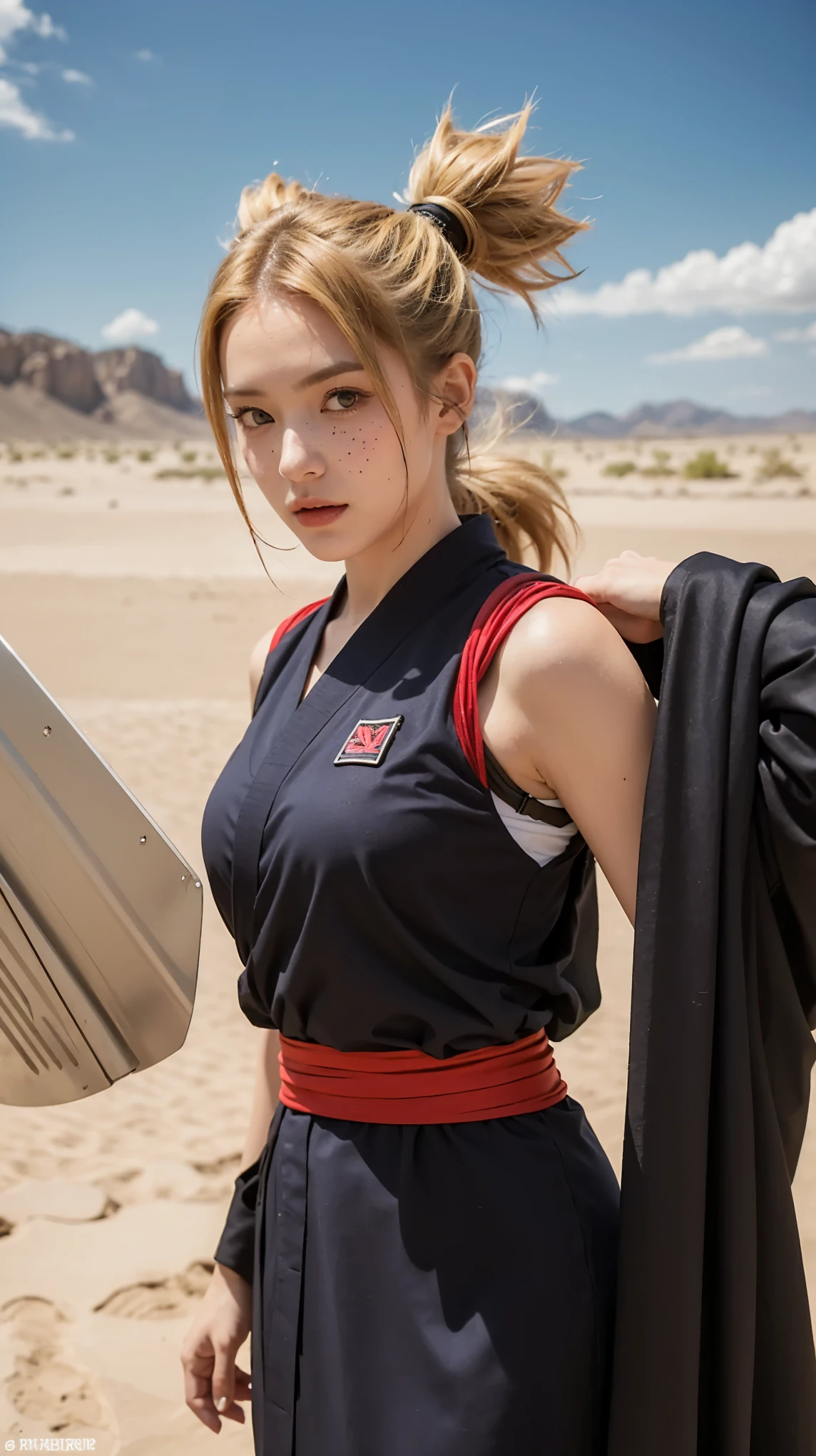 A hyper-realistic portrait of a woman inspired by Temari from Naruto Shippuden, reimagined in the real world. She has striking green eyes, sharp and intelligent with a fierce gaze. Her blonde hair is styled into four distinctive spiky ponytails, detailed with individual hair strands blowing slightly in the wind. Her skin is fair with realistic texture, subtle freckles, and soft natural lighting highlighting her facial contours. She's wearing a modern tactical version of her original outfit—deep purple combat kimono with beige accents, detailed stitching, lightweight armor plates, and a red sash. She carries a massive, closed war fan strapped to her back, crafted from dark steel and engraved with subtle patterns. Her pose is confident and powerful, standing in a windswept desert environment with sand particles in the air, under a dramatic sky. Ultra-detailed, 8K resolution, cinematic lighting, lifelike expression, realistic shadows, and ambient atmosphere.