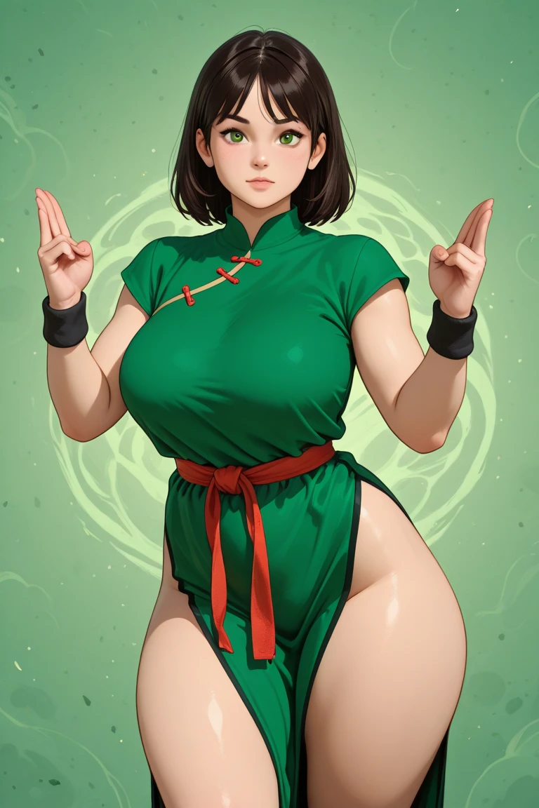masterpiece, best quality, highres, 1girl, solo, black hair, hairband, belt, short hair, dress, blue eyes, hair bun, green hairband, blind, chinese clothes, hair bun, green dress, short sleeves, pelvic curtain, barefoot, fighting stance, rock, outdoors, --auto