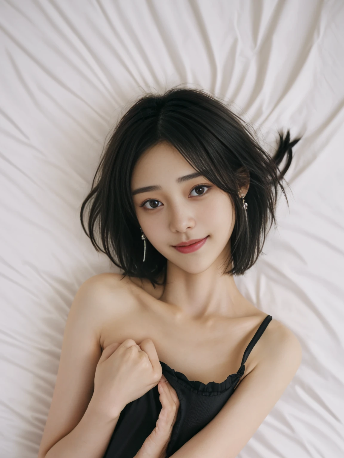 black bob hair cute face girl wearing black langerie,full body,lying on the bed