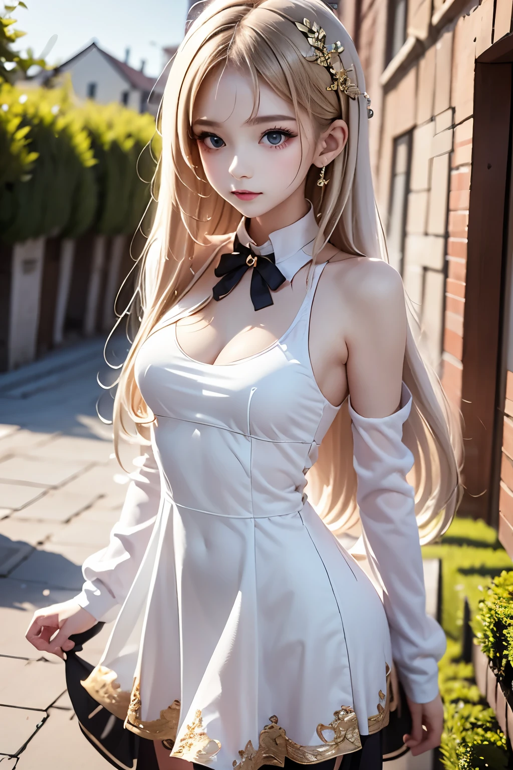 masterpiece,top quality,very detailed,photorealistic,realistic, Ultra High Resolution, Masterpiece,beautiful girl,elegant,,long hair, Gold,small breasts,skinny,perfect eyes,Slender,so cute,red dress,Gothic Dress, Gothic ta Dress , correct handshake,Active Poses,Old Western-style building,Outdoors