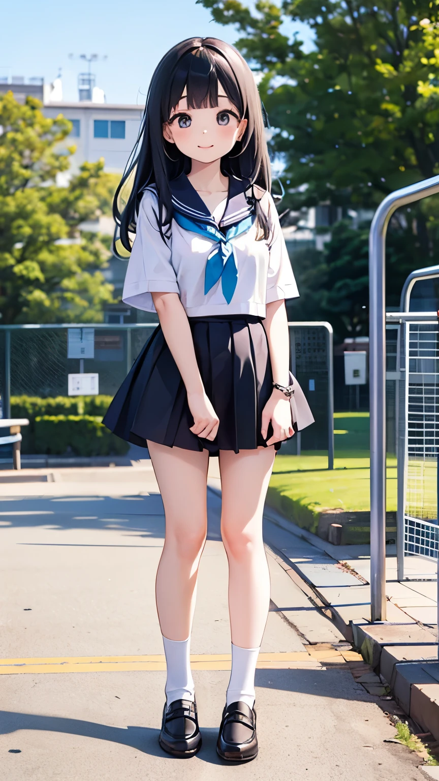 female high school student standing alone on the playground、sailor suits、cute makeup、miniskirt、long black hair、is smiling、full body image