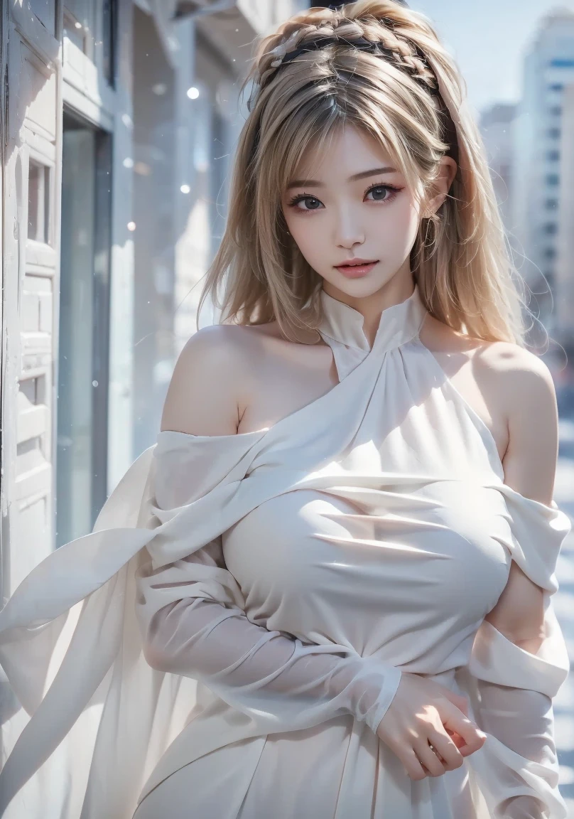 (masterpiece, Highest quality, Complex), Cowboy Shot, ((lean forward to emphasize the chest)), 1 person, Cute eyes, Beautiful Face, Perfect round ass, Fit and body, ((Beautiful mature woman)), (/Black Mask:1.5/, /Grey tight long dress with deep neckline:1.2/ & Lightweight cardigan), clavicle、Captivating smile, Mischievous face, Sweat, City Snapshots、Fashion magazine style、Street Fashion Magazines、stylish、Platinum Blonde Hair、Heart Necklace、(Very large breasts:1.3)