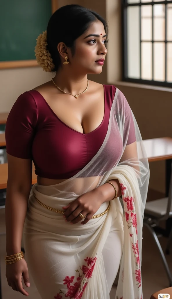 close up photo of sexy indian teacher , sitting on table in classroom, classroom full of students,surrounded by mens,men surrounding her,she pull coller of mens shirt, hourglass figure, swooping breasts, deep cleavage, curvy, erotic standing having sex with big eggplant with wide open spread legs, sexy armpits, seductive eyes, sultry, look at viewer and subtle smile, traditional half sleeves blouse with traditional saree, red lips, ponytail, necklace, 4K, HD