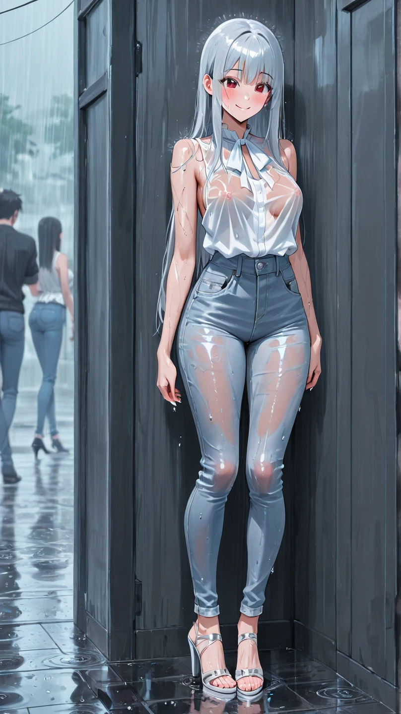 best image quality, masterpiece, super high resolution, (fidelity:1.4), photo, 1 girl, white shirt, torn jeans, white sneakers, dim, darkness, despair, pity, poor, movie, tears, teardrops, (torn clothes:1.5), (wet clothes:1.4), bare shoulders, real rain, wet hair,..