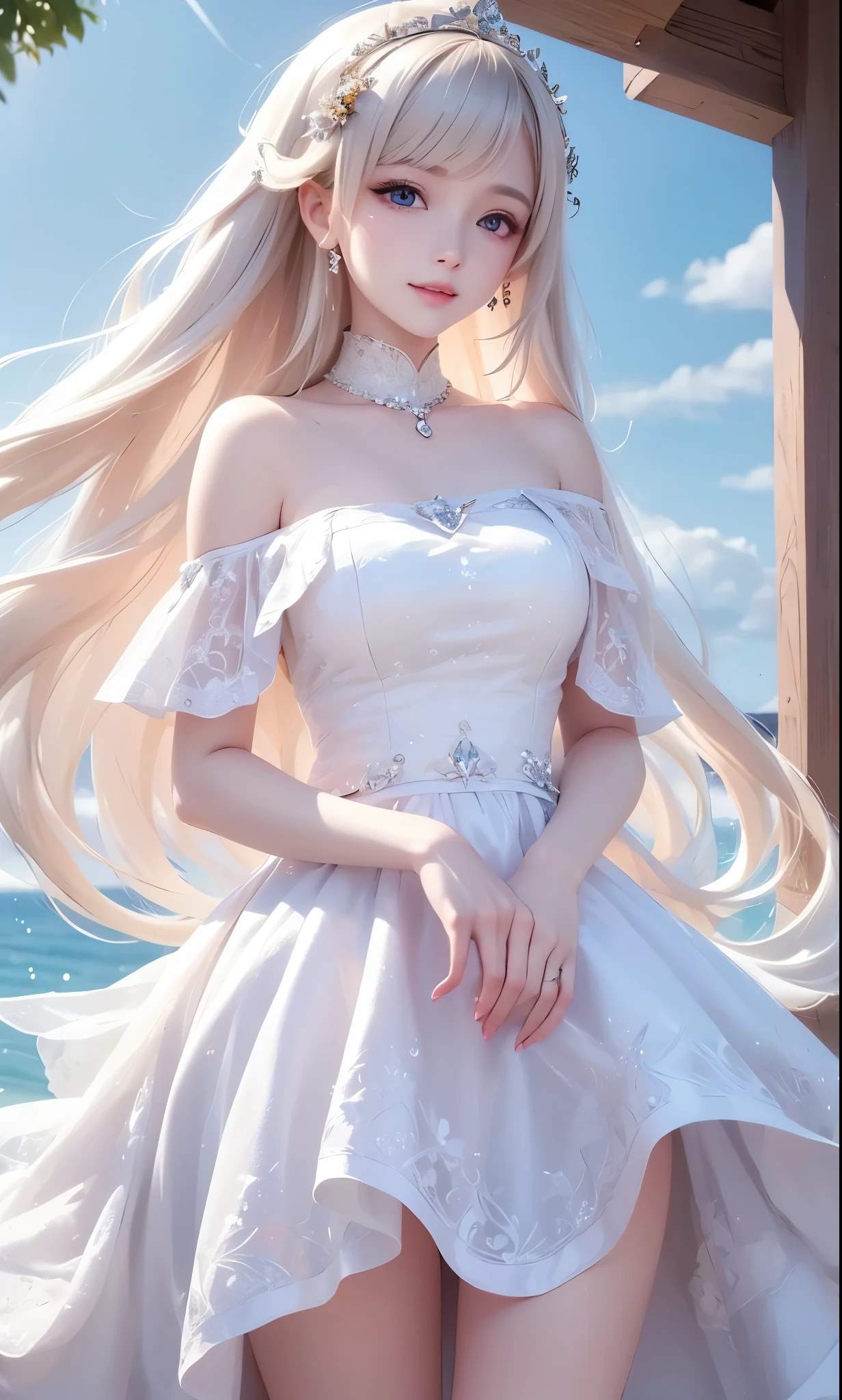  there is a woman in a white dress, artwork in the style of Gwaiz, Gwaiz on pixiv artstation, Gwaiz on artstation pixiv, Gwaiz, Fantasy Art Style, Gwaiz masterpiece, Beautiful and Elegant Queen  , drawing beautiful characters, Detailed Digital Anime Art,  blonde princess raising her cheeks, Gray Hair, sky blue eyes, pink lips, Off Shoulder, Beautiful Eyes, sara
