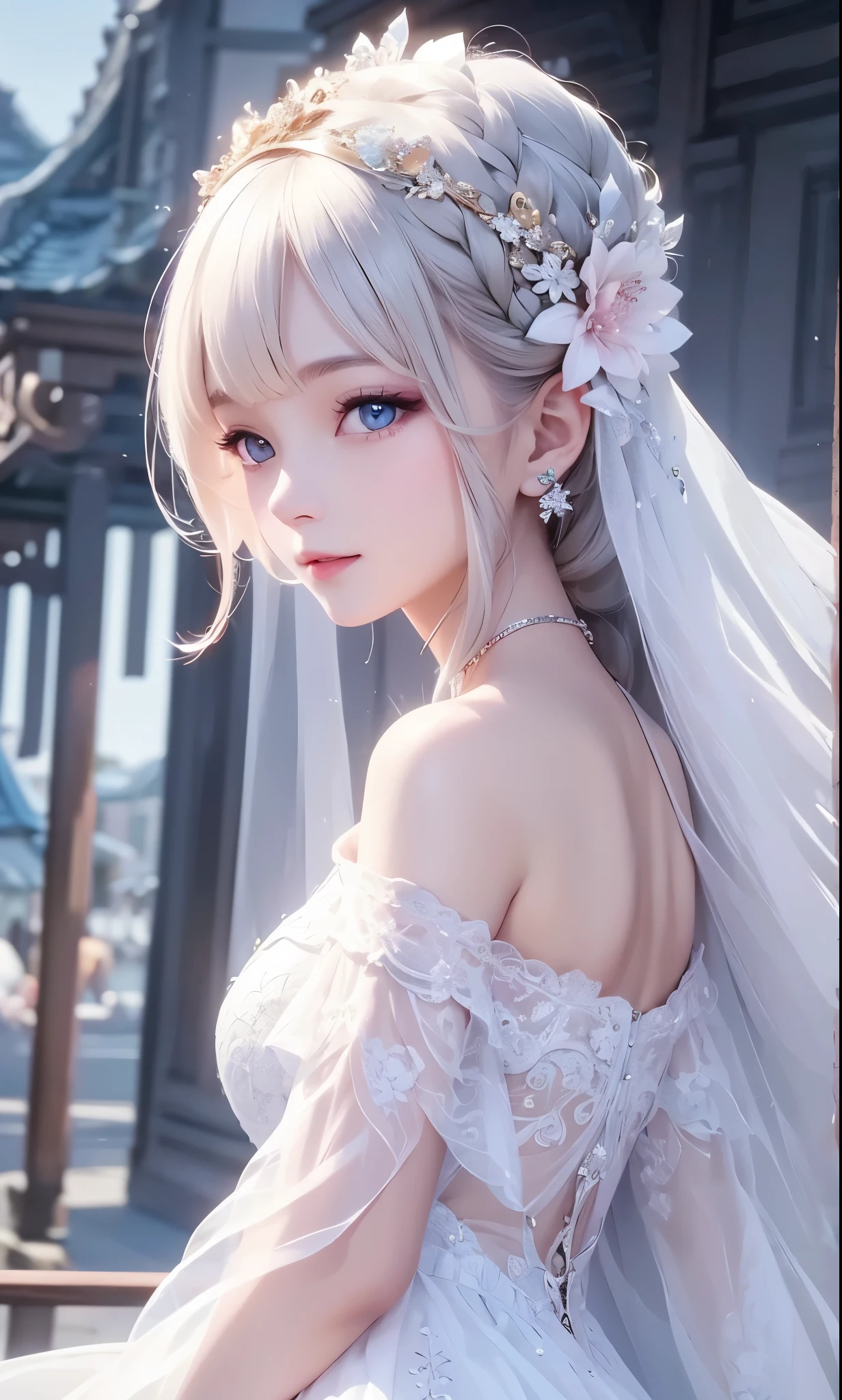 there is a woman in a white dress, artwork in the style of Gwaiz, Gwaiz on pixiv artstation, Gwaiz on artstation pixiv, Gwaiz, Fantasy Art Style, Gwaiz masterpiece, Beautiful and Elegant Queen , drawing beautiful characters, Detailed Digital Anime Art, blonde princess raising her cheeks, Gray Hair, sky blue eyes, pink lips, Off Shoulder, Beautiful Eyes, sara