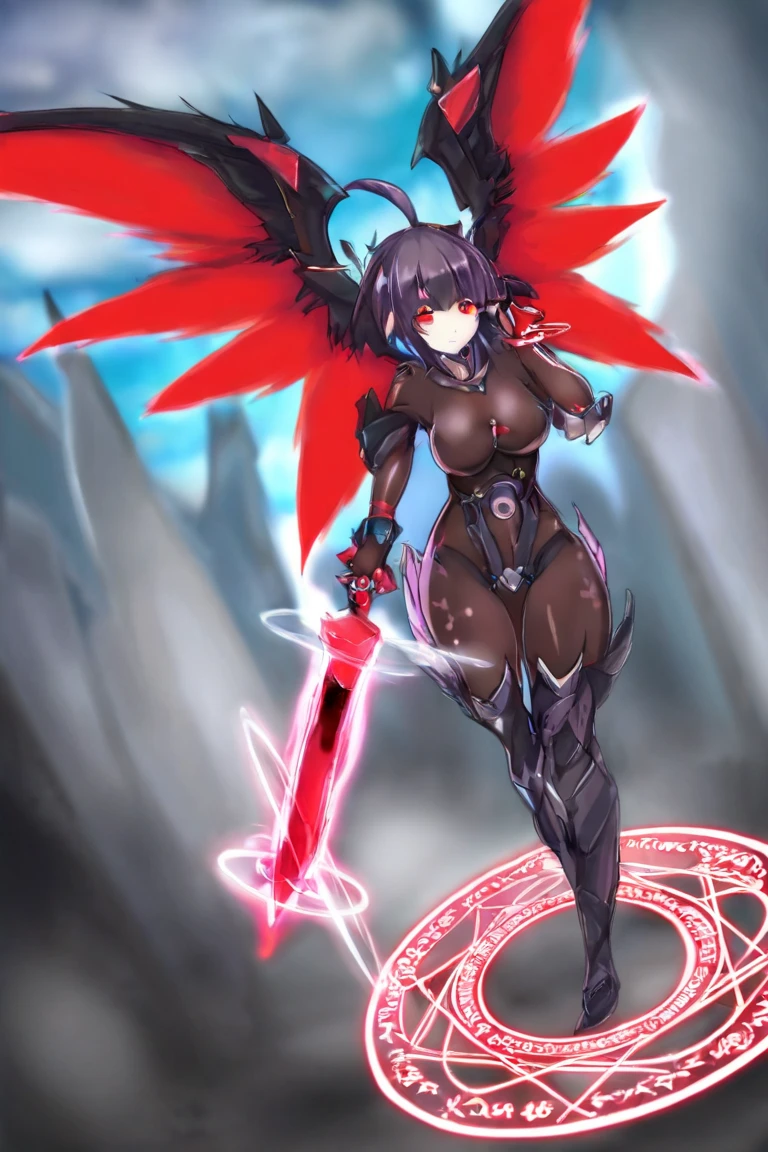 matoi ryuuko, dark armor, magical girl, dragon wings, kill la kill, red hair, large breasts, abs, wide hips, thick thighs, thick arms, pants, standing, black body suit, full body, boots,smile, pullover, miniskirt, black pullover,, black bodysuit, red hair, sword holding, bodysuit in the chest