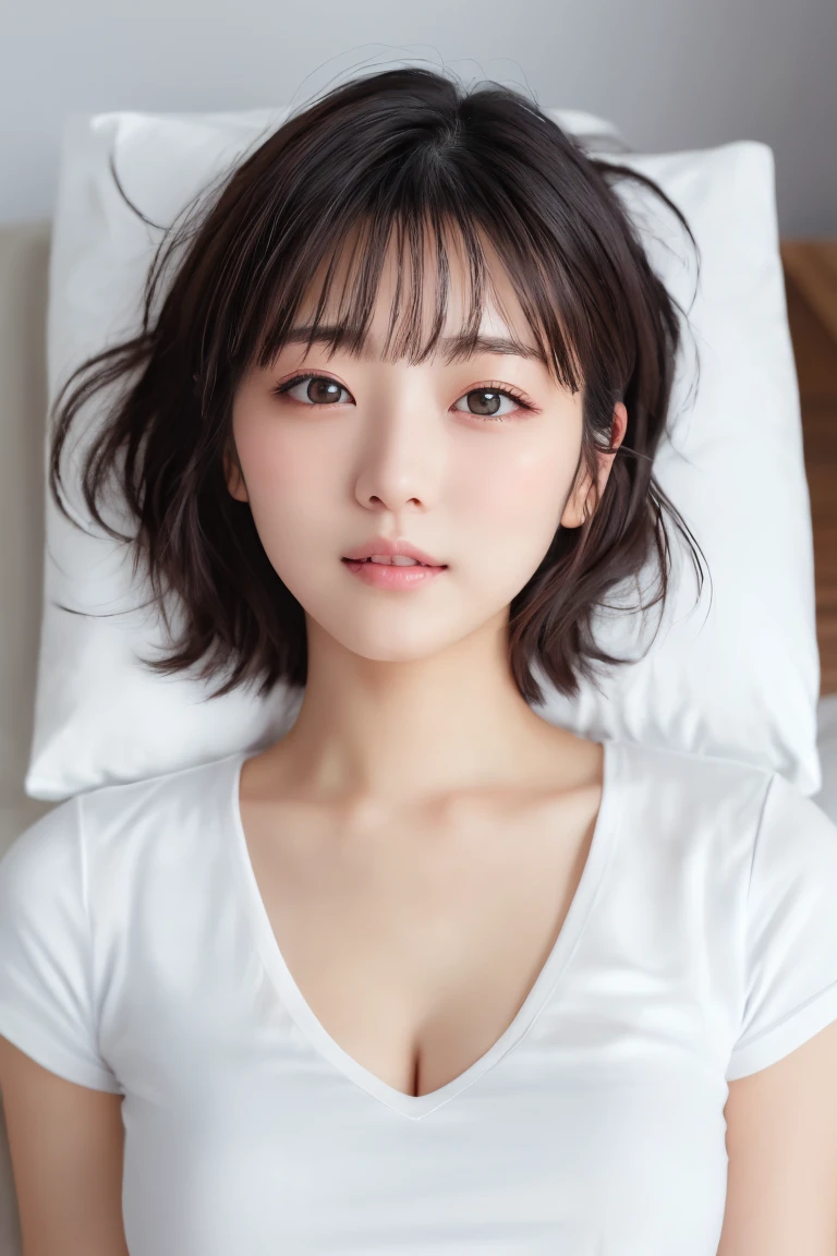 highest quality, Detailed workmanship、high resolution、(8K, High resolution:1.2)、raw photo, photorealistic、slender body shape、high definition face、Face is in focus、high definition eyes、(Focused, symmetrical pupils:1.2)、High-definition and beautiful skin、firm skin、natural makeup、gross lip, High-definition hair texture、masterpiece、japanese woman、nurse、nurse、17 years old、very cute, very short hair break (White nursing uniform、白いnurseの制服:1.3) break (hugging own chest by arms:1.1), (on the hospital bed:1.2)、(Sleeping on your back on the bed:1.3)、Opening eyes、(very embarrassed:1.3), (blush:1.3), (Sad face、scared face:1.3)、wet eye, shy look、Staring at the camera、(dynamic pose, Photographed from directly above:1.3)、medium breast, nsfw, cleavage