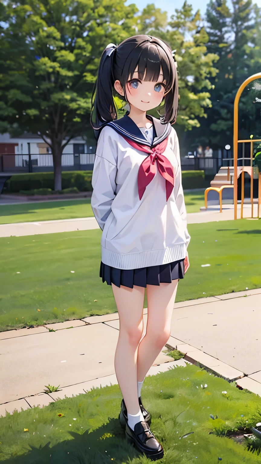 female high school student standing alone on the playground、sailor suits、cute makeup、miniskirt、black twin tail hairstyle、is smiling、full body image
