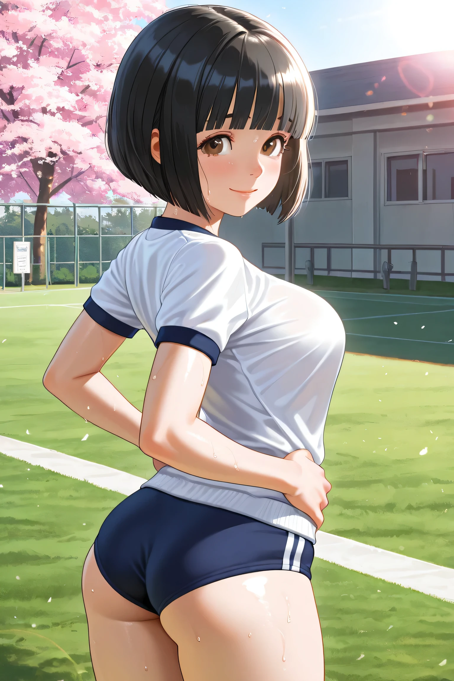 muste piece、masterpiece、highest quality、Super detailed、High resolution、8K portrait、High definition CG of Unity 8k wallpaper、cute little:1.5、Lori:1.5、Highly detailed CG unity 8k wallpaper、Realistic、real person、 portrait photography、shiny skin、High definition、(16 years old:1.2)、(1 girl)、beautiful clear eyes、extremely detailed description、delicate face、nice lips、slender body、small breasts、thin waist、thin legs、(Atlantic stadium track:1.6)、face, seriously, (blush:1.5),(brown hair bob hair:1.3),small breasts 同,((short sleeve gym clothes:1.2)),((clothes lift:1.5)),(hand behind head:1.5),(((climax in vagina:1.5)))