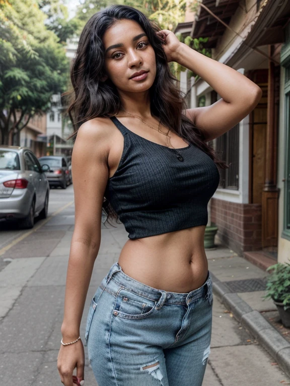 (Full body, Beauty standing in New York city, outdoors, posing for a picture, 1 girl, a 27-year-old Mexican woman, absolute beauty, long hair, wearing shorts and small top)

This image captures the essence of a stunning 27-year-old Mexican woman named [Name], basking in the urban landscape of New York City. With her long, luscious locks cascading down her shoulders, she confidently poses for a picture, radiantly smiling at the camera.

Dressed in a form-fitting, short top that accentuates her toned figure and reveals just a hint of her flat abs, she pairs it