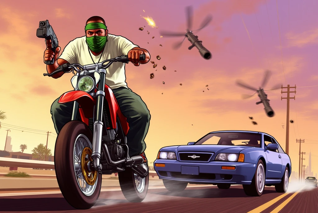 Grand Theft Auto V poster, "Grand Theft Auto V" title logo, a black man from the Grove Street gang family wearing a green bandana to cover his mouth, he rides on a bike while holding a gun, gun shot, Los Santos street setting, wall graffiti, cel shader rendering, toon shader rendering, (masterpiece, best quality:1.2),