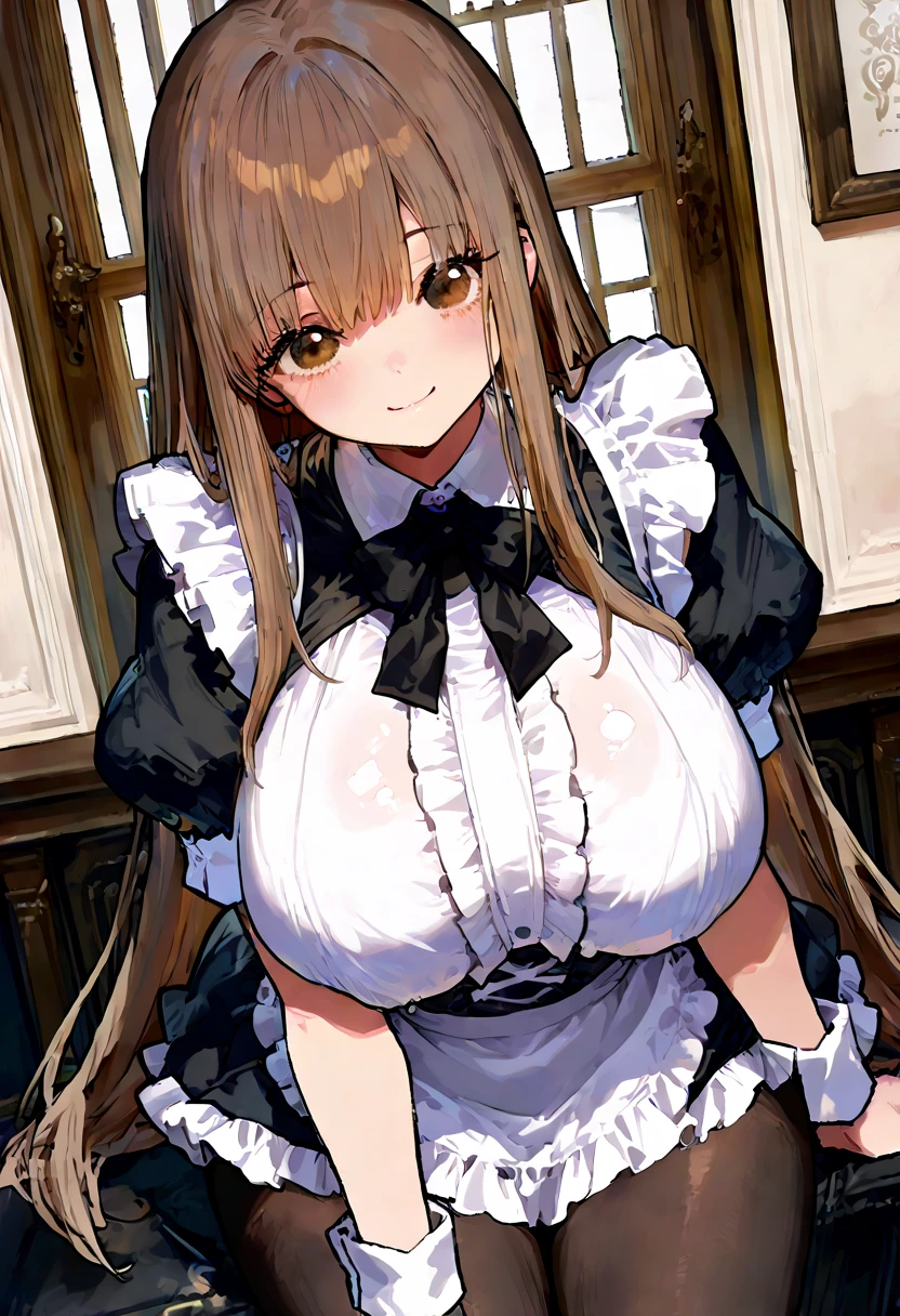 High resolution,masterpiece, Highest quality, Kuo Shenlin , heterochromia , Brown hair, smiling , (((nsfw))) , (((busty))),1girl, sensual body, Her cheeks flushed , silk lingerie , maid