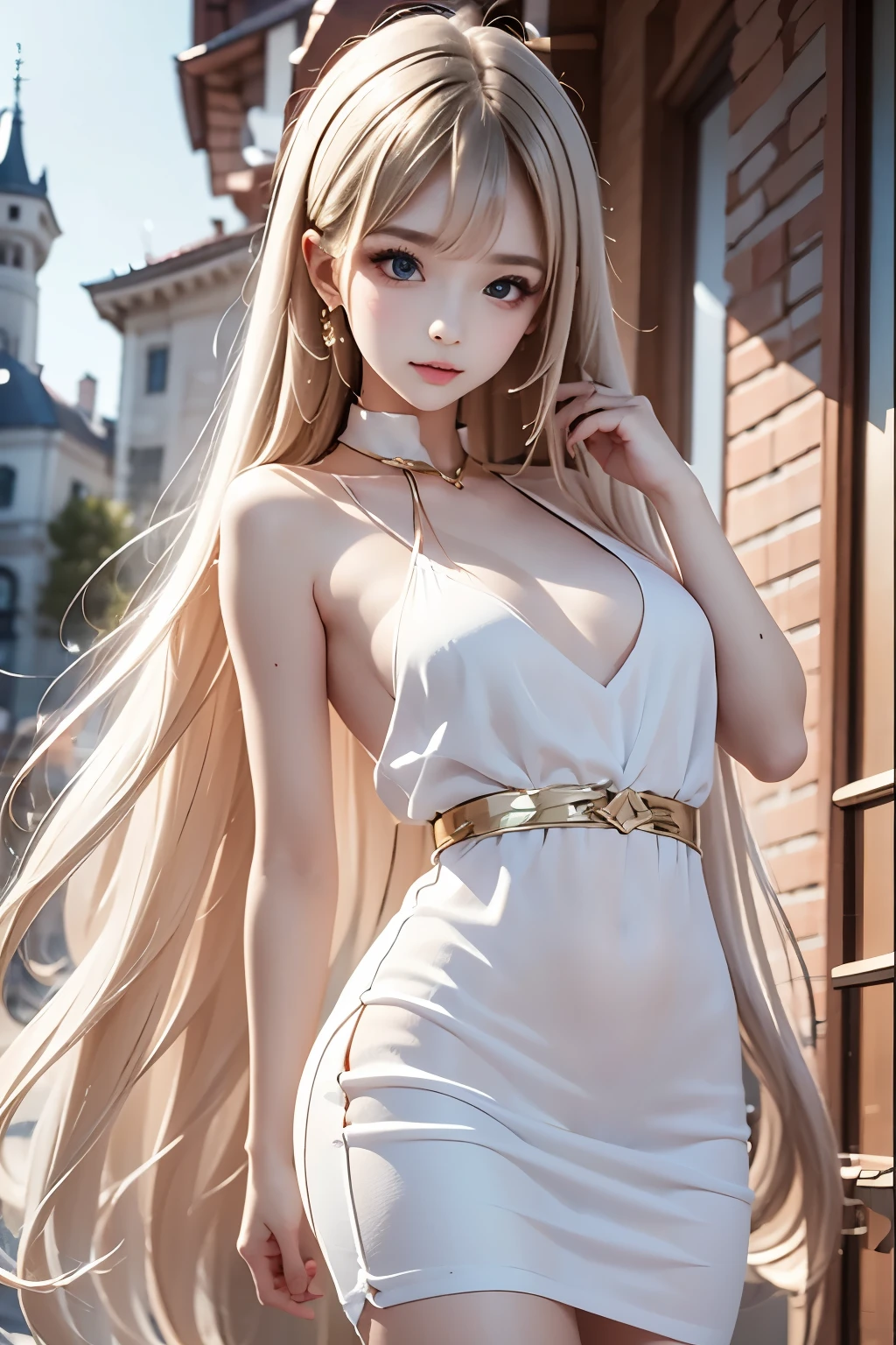 masterpiece,top quality,very detailed,photorealistic,realistic, Ultra High Resolution, Masterpiece,beautiful girl,elegant,,long hair, Gold,small breasts,skinny,perfect eyes,Slender,so cute,red dress,Gothic Dress, Gothic ta Dress , correct handshake,Active Poses,Old Western-style building,Outdoors
