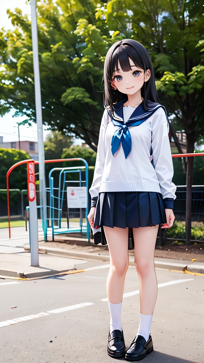female high school student standing alone on the playground、sailor suits、cute makeup、miniskirt、long black hair、is smiling、full body image