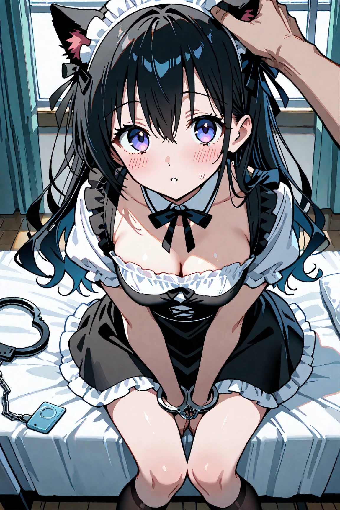 Hold the skirt with your hands,skirt lift,skirt hold,from front,front view,looking at viewer, looking ahead,from above,cowboy shot,1girl,Beautiful 14 year old girl,Japanese,Slender,,low length,Small breasts,Thin legs,Small Ass,Baby Face,Small face,Black Hair,one side up,Gray Eyes,slit pupils,Drooping eyes,middle School girls,Sheer black and pink negligee,lingerie,Collar with leash,open mouth,tongue out,front face,Kneeling,Straight Stand,Beautiful and detailed anime art,Mischievous smile,Sexy vibe,cum on tongue,Dimly lit room,On the bed,Simple Background,Gray background,Low lighting,