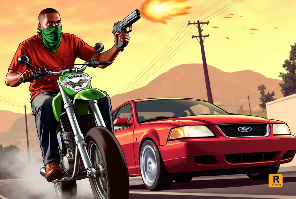 Grand Theft Auto V poster, "Grand Theft Auto V" title logo, a black man from the Grove Street gang family wearing a green bandana to cover his mouth, he rides on a bike while holding a gun, gun shot, Los Santos street setting, wall graffiti, cel shader rendering, toon shader rendering, (masterpiece, best quality:1.2),