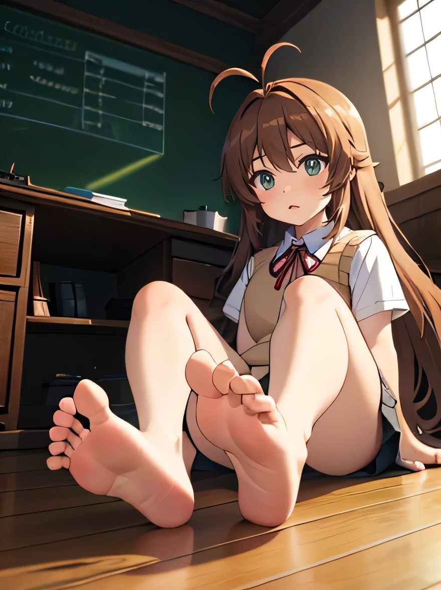 (masterpiece, top quality), EXTREMELY detailed CG Unity 8k wallpaper, high definition, bold composition, masterpiece, best quality, amazing quality, very aesthetic, high resolution, ultra-detailed, absurdres, newest, scenery, depth of field, lighting , artistic composition screencap, flat anime, 1 girl, view from front, nonkomari, dwarf, little_girl, , school_uniform, sweater vest, neck ribbon, brown_hair, long_hair, green_eyes, antenna_hair, bangs, stocky legs, sitting inside abandoned, From below, (Close-up of soles of feet, bare feet)