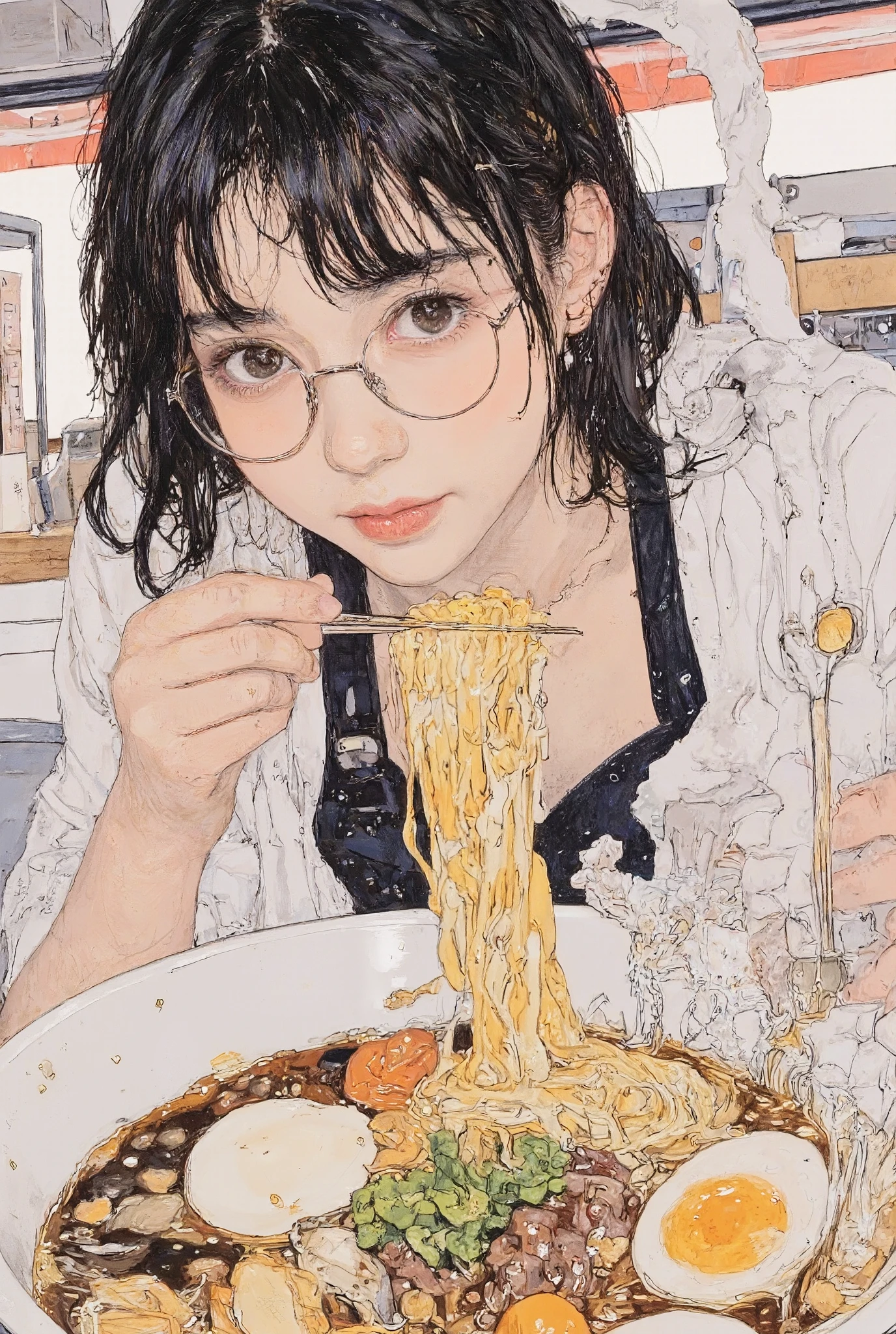 woman 麺を食べる with chopsticks in a restaurant, Thin round glasses , wearing large thin round glasses, Wore small round glasses, glasses in my room, wearing black glasses, thick round glasses , There is a woman wearing square glasses 、"draw a girl sitting at the counter eating delicious ramen", "Please draw a picture of a cute girl drinking ramen with a big smile and、Please draw steam rising from a ramen shop",