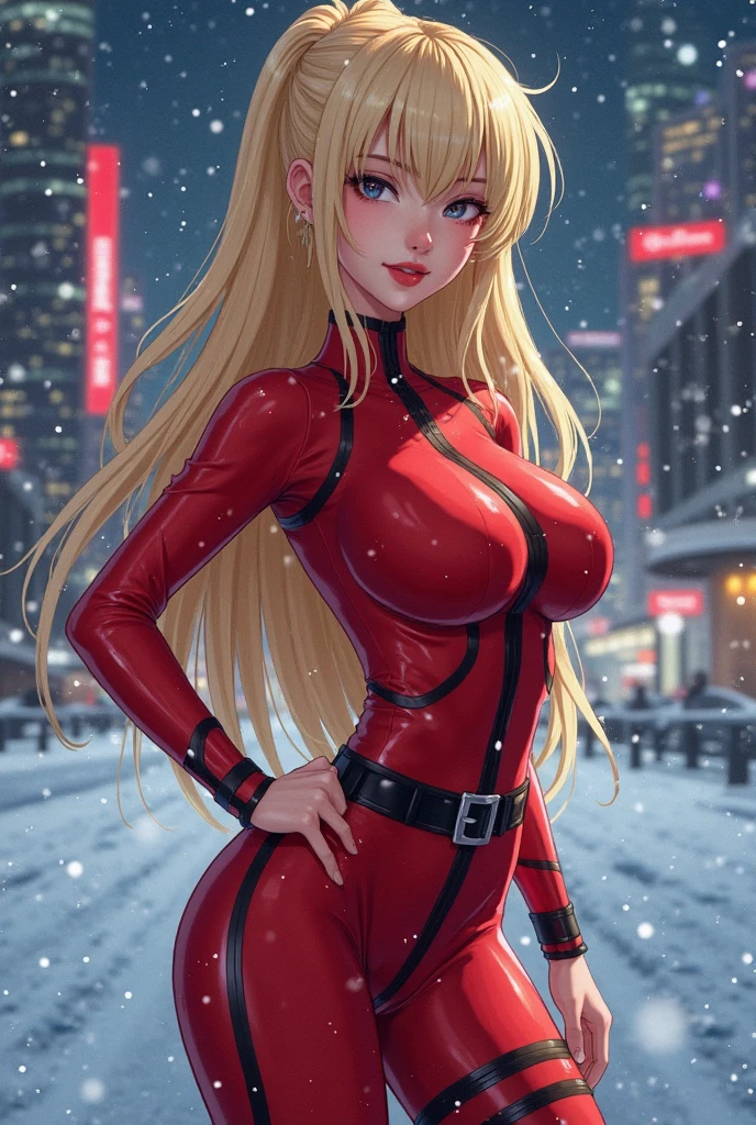 (8k, Foto RAW, Qualidade Superior, master part: 1.2), (Realistic, photoRealistic: 1.37), (latex Fantasia de Papai Noel, colante vermelho de papai noel), red santa claus hat, capa vermelha de papai noel, white pantyhose, Street trees at night, Christmas tree, Luzes de Natal, Winter scenario、Um grande sorriso , professional lighting, photon maping, Athletic body, radiosidade, seios enormes, solo 1 pessoa , pose de modelo sexy