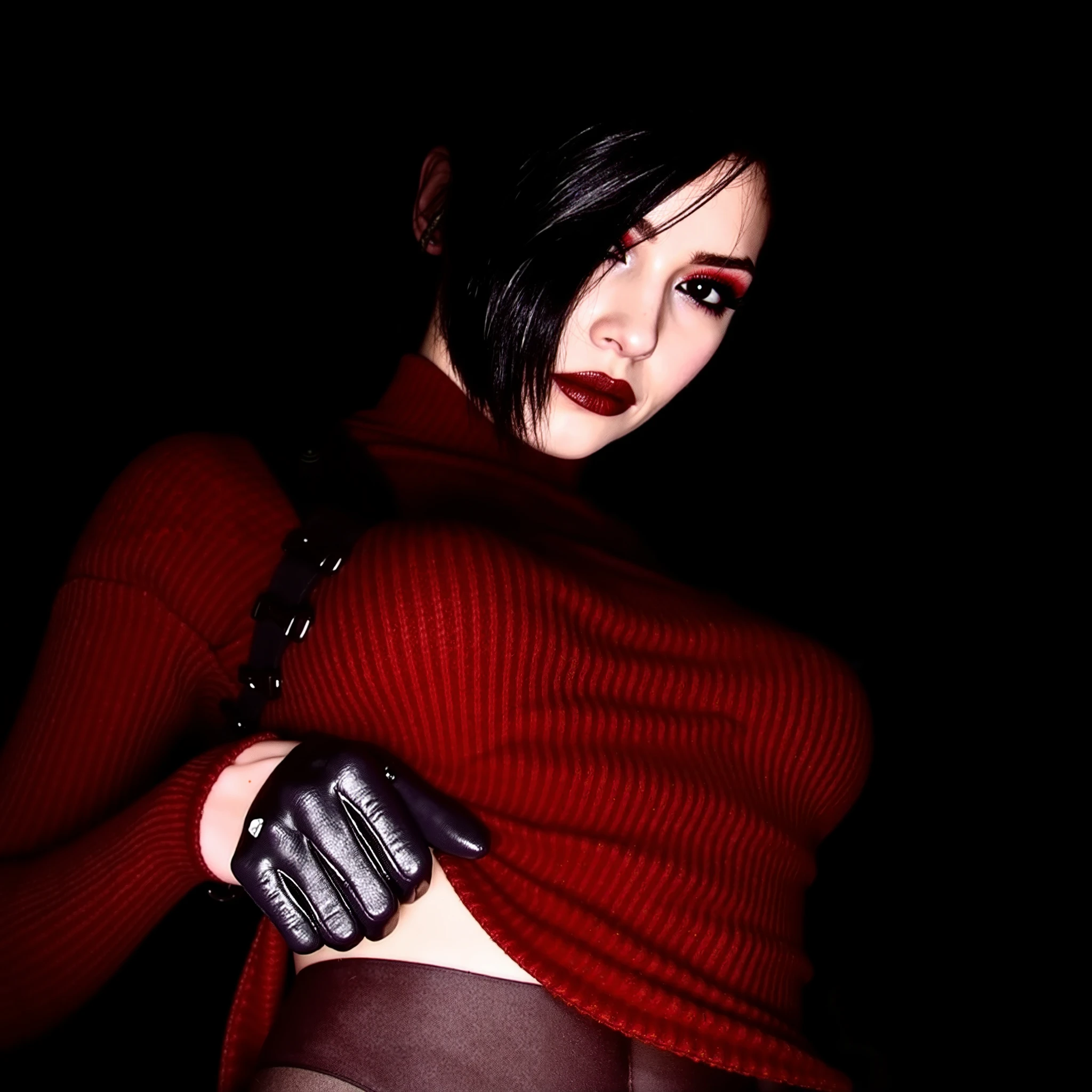 offcial art,Extremely detailed Cg Unity 8K wallpapers,best qualtiy,tmasterpiece,A high resolution,Pretty girl ninja,short detailed hair,Black cut top leather armor,Brown belt,Scabbards on thighs,Japanese Katana Sword,Leather gloves,Black mini leather skirt,Black over-the-knee flat boots,Tight Leather,Small face,The skirt leaks, Spread her legs,with no underpants,bloods,{{Bloody scars on the stomach}},Blood at the corners of the mouth,Stick out your tongue,wounded in fight,killed in fight,{{Corpse}}, {{Look up}},{{half closed eye}},roll eyes,{{dead body}},