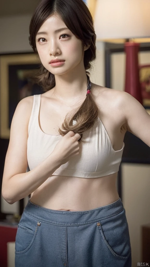 (Lidiia Filippova:1.2), (Keilih Stafford:0.9), (Felicity Fey:0.5), a pretty young woman, a high resolution, masterpiece,Highest quality, ultra detailed, (Detailed eyes), (detailed face), 1 girl, arms up, elbow squeeze, Highest detail, (glowing eyes), Flat straps, backlighting, (diaphragm:1.4), light beams, high contrast, colorful,Chambers_idol, (ponytail:1.2),(Happy:1.2),Looking at the viewer,upper body,(White shirt:1.3), no bra, breast nipples are visible,(neckline:1.2),(hairpin:1.2)