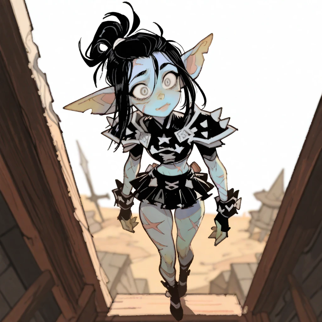 small, silly imp girl, insane smile, noble clothing, daggers, blue skin, blue hair