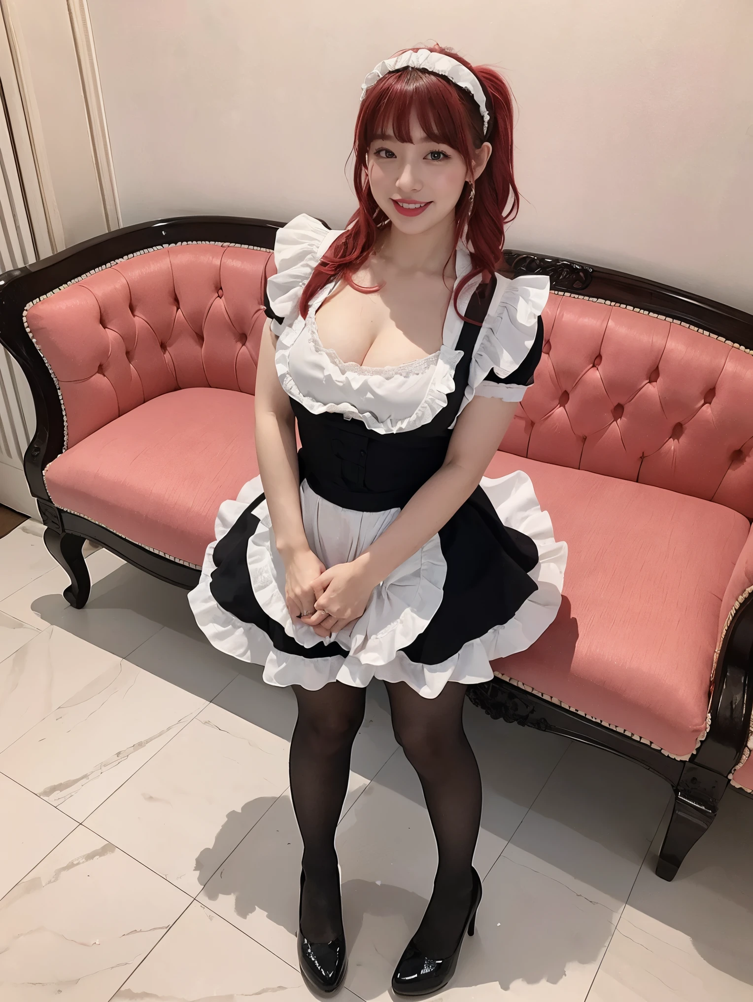 masterpiece , top quality , realistic , alone , 1 woman ,Big Breasts in Bikinis、chest、 smile, ear piercing with head up , viewer , standing in a sexy pose、 colored inner hair , black hair , red hair , hair accessory , pink maid style hair band , red eyes sitting on toilet seat , frills , mini dress , ruffle dress , short puff sleeve , wrist cuffs , white apron , Maid Apron , black belt , black tights , red nails , indoor , Mansion , European architecture 、high heels on pink couch、 full body shot