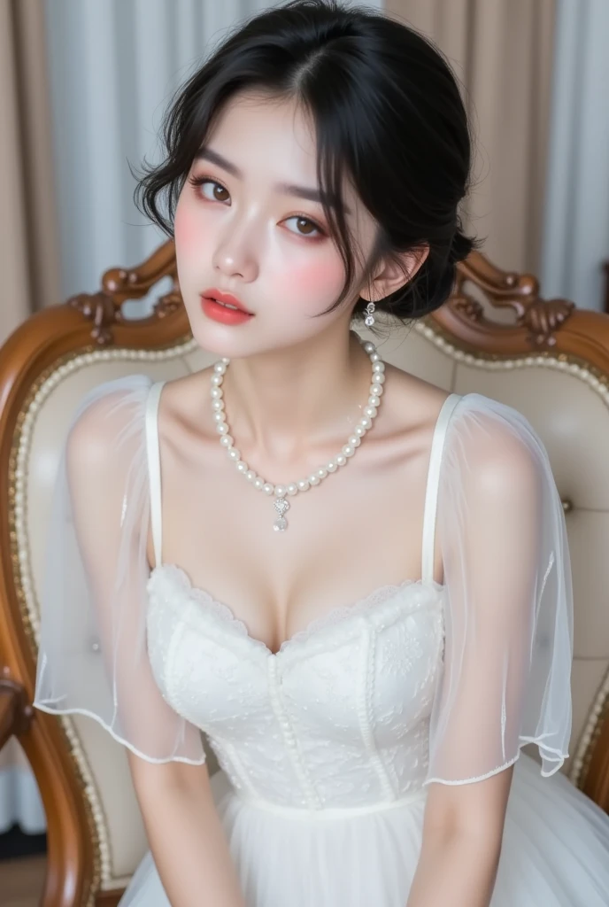 ((Best Quality, 8k, Masterpiece:1.3)), Focus: 1.2, Perfect Body Beauty: 1.4, ((Delicate Long Hair)), (Dress: 1.1), (Room, 2 women sitting on bed, highly detailed facial and skin texture, Fine eyes, Double eyelids, breast enlargement, whitening skin, shy smile, wearing a necklace,