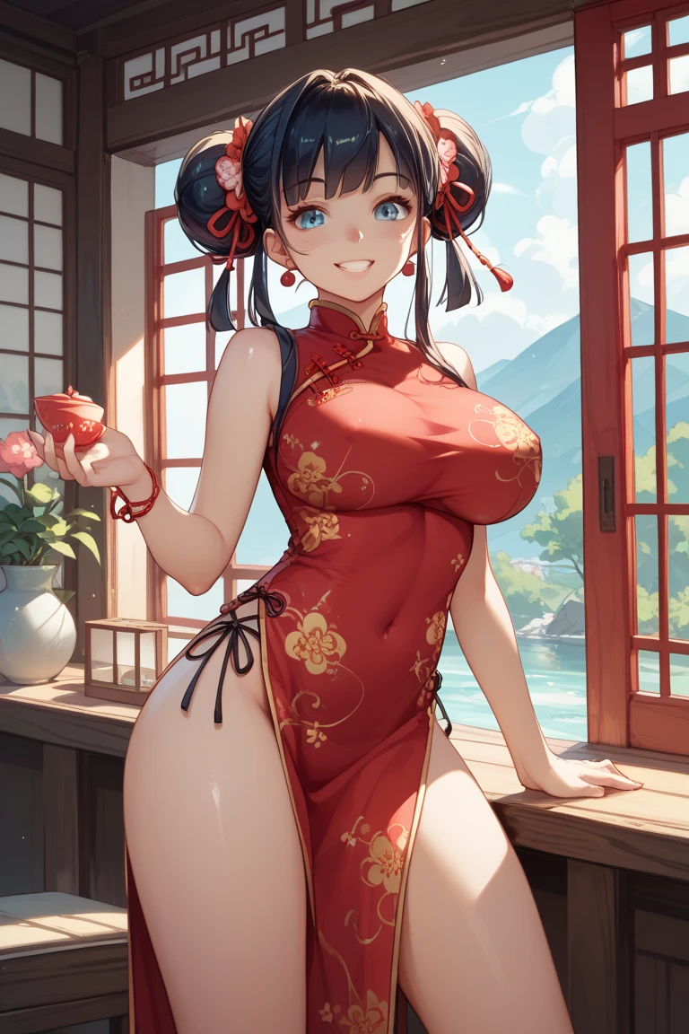ultra - detailed,tmasterpiece,Best quality at best,love letter,blush blush,Yazawa Nico,red eyes, On the cheongsam,face flushed,Blunt hair,Curved body, On the ground, Beat the , upper legs,chubbiness,ssmile,both hands on hip,Overflowing breastig Cleavage,look from down,