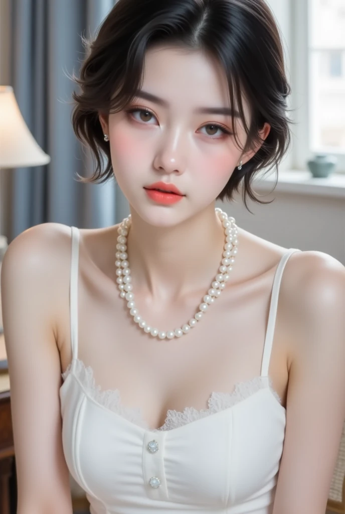 Gentle and beautiful woman、half body photo、Delicate and sexy collarbone、charming oval face、double eyelid、Smart peach blossom eyes、Pink lips、a small nose、bare shoulders、Face in Focus、up of face、The ultra -The high-definition、Super Details、Elegant standing position、Grey Blue High Value Cross Beautiful Back Underwear Women Small Breasts Push Up Sexy Breasts Adjustable Bra Set Without Steel Ring、abdominals、Earrings, Beautiful and gorgeous necklace、(((Trendy hairstyles)))