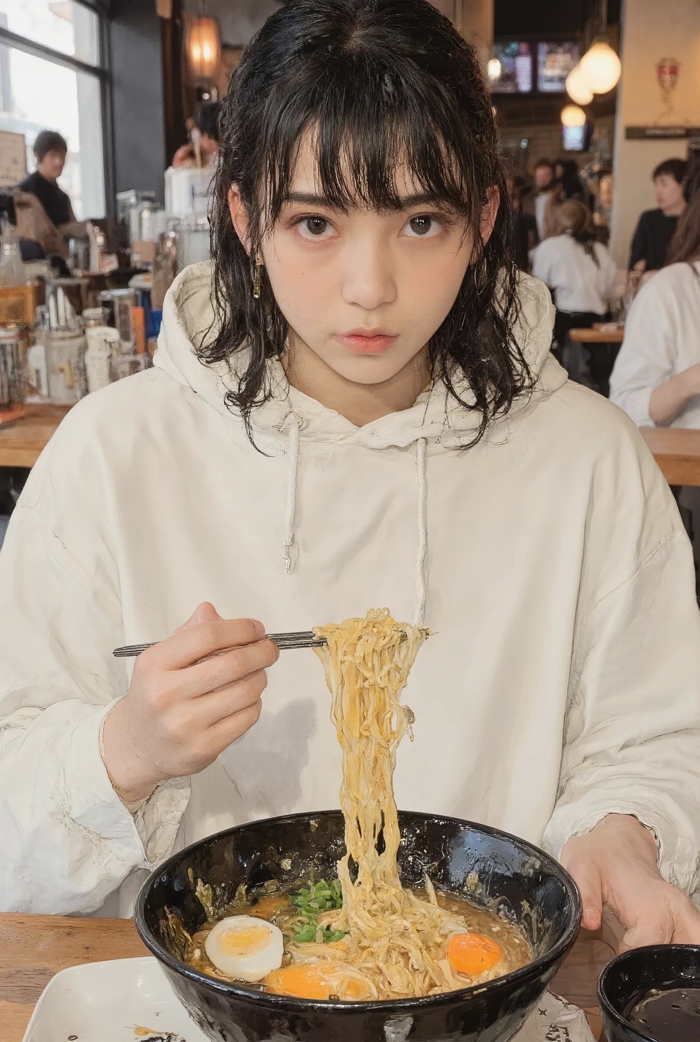 is sitting, casual atmosphere, Indoor Environment , noodle restaurant , comfortable cream hoodie, sleeve, hair disheveled ponytail, sleeveはややオーバーサイズの, holding noodles with chopsticks、with medium depth of field {x} black bowl containing ramen, natural light, warm and inviting, I took a front view of a comfortable cream hoodie, Have、Subject and meal.